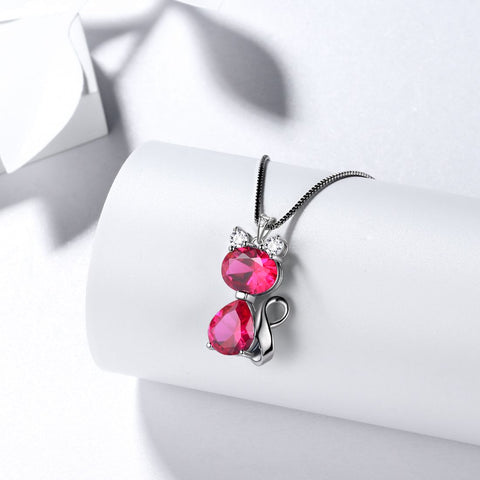 Cat Birthstone July Ruby Necklace Women Girls Jewelry Birthday Gift Sterling Silver