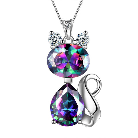 Cat Necklace Birthstone Pendant Women Jewelry Gifts 925 Sterling Silver - Aurora Tears