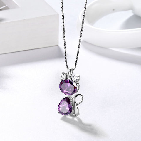 Katze Geburtsstein Februar Amethyst Halskette Damen Mädchen Schmuck Geburtstagsgeschenk Sterling Silber