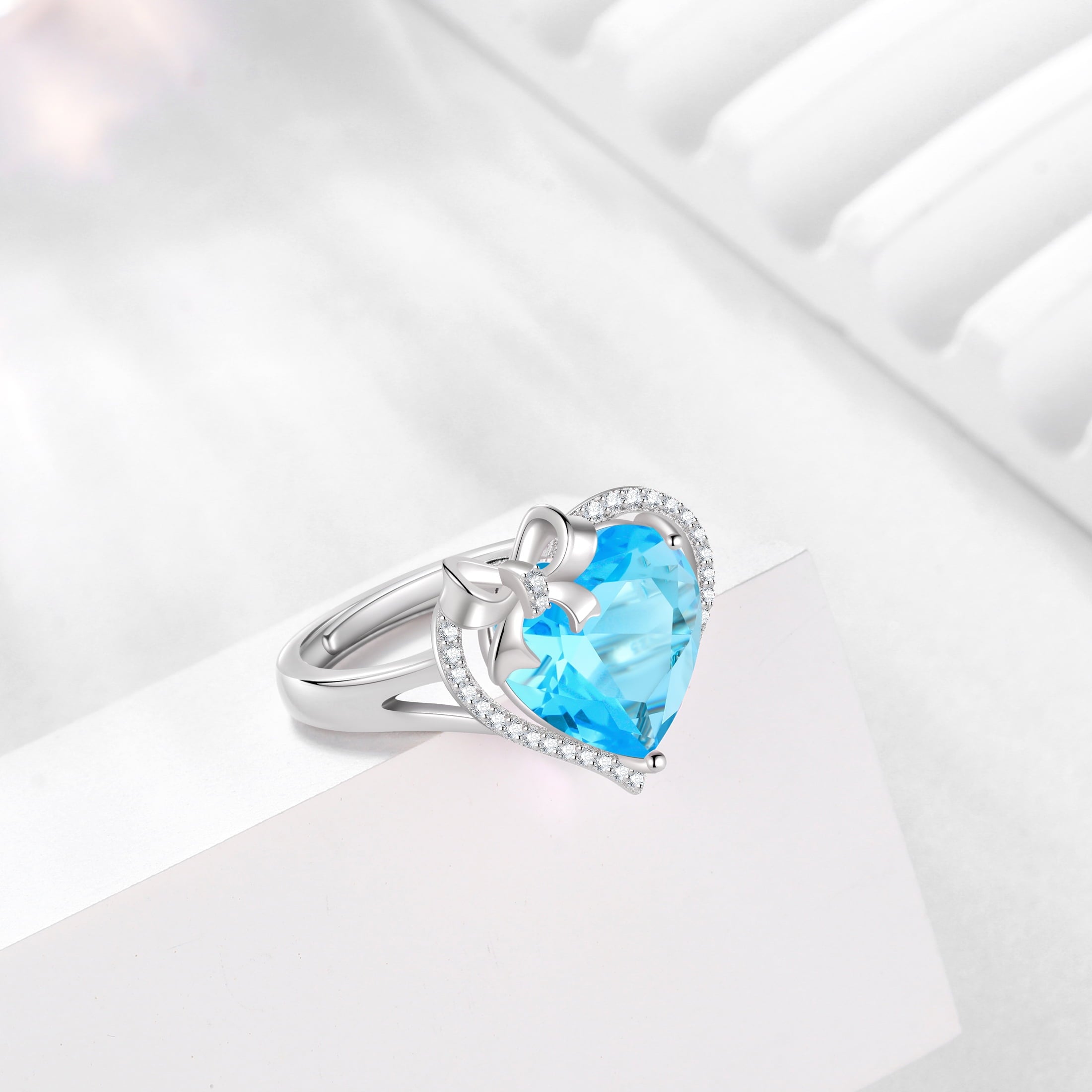 6Ct Heart Women Ring Bow Kont Ribbon 925 Sterling Silver March Birthstone Aquamarine Adjustable Ring Blue Solitaire Jewelry Wife Mother Valentines Gift - Aurora Tears