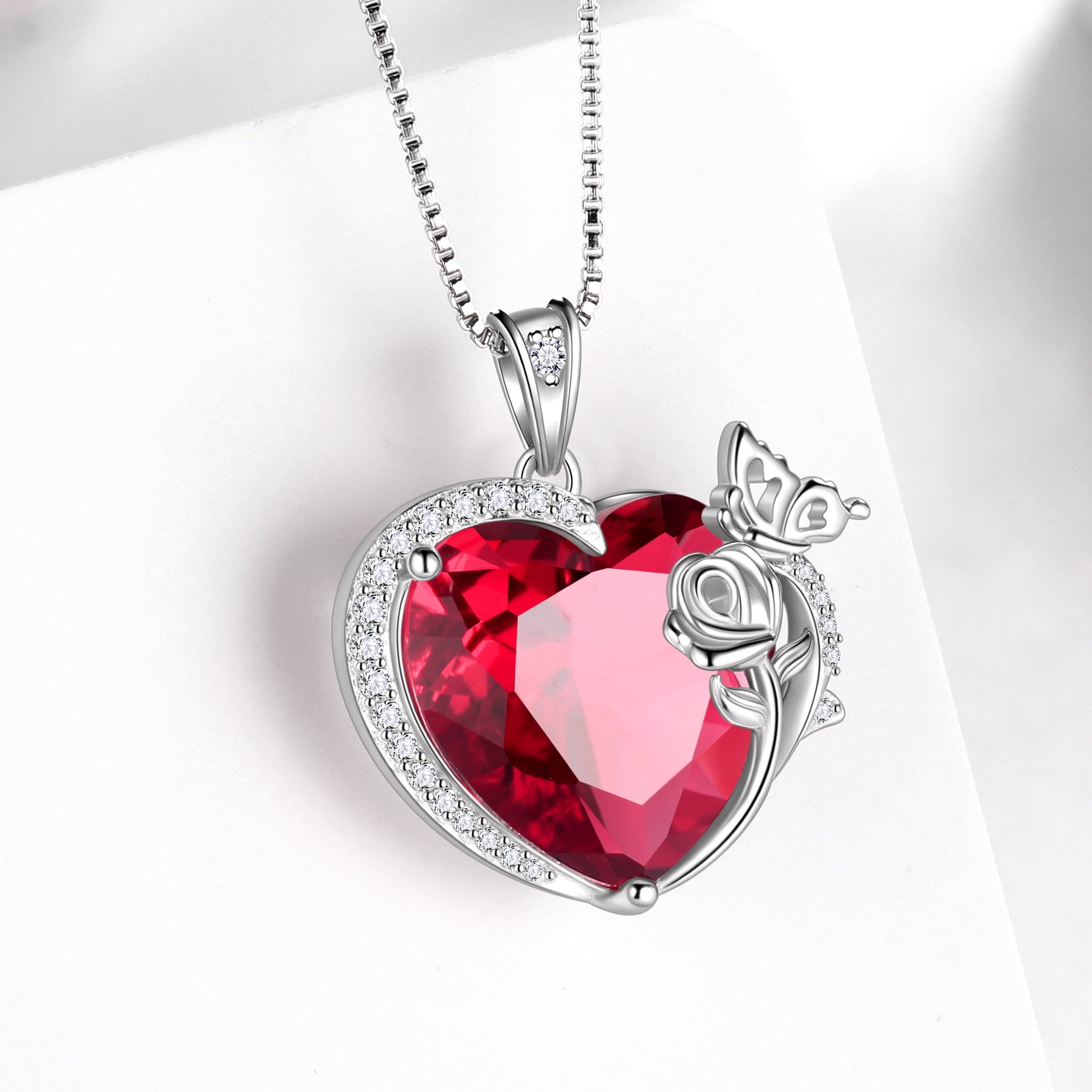 Women Heart Necklace Butterfly Rose Flower Pendant July Birthstone Ruby Jewelry 925 Sterling Silver Mother Wife Valentine's Day Gift - Aurora Tears