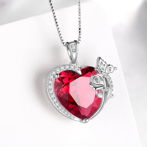 Women Heart Necklace Butterfly Rose Flower Pendant July Birthstone Ruby Jewelry 925 Sterling Silver Mother Wife Valentine's Day Gift - Aurora Tears