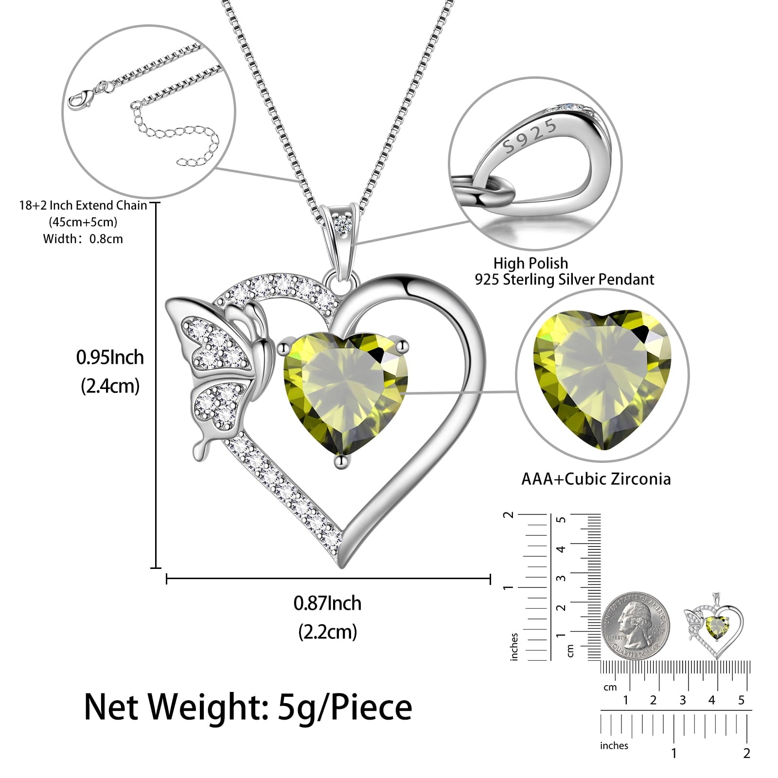 Women Green Heart Necklace Butterfly August Birthstone Necklace Peridot Crystal 925 Sterling Silver Pendant Jewelry Birthday Mother's Day Gift - Aurora Tears