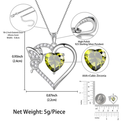 Women Green Heart Necklace Butterfly August Birthstone Necklace Peridot Crystal 925 Sterling Silver Pendant Jewelry Birthday Mother's Day Gift - Aurora Tears