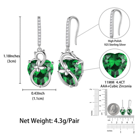 Cat Butterfly Earrings for Women 925 Sterling Silver Earrings Dangle Drop Hook Green Heart Emerald May Birthstone Jewelry Christmas Birthday Valentines Mother's Day Gifts for Mom Grandma - Aurora Tears