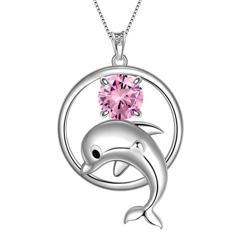 Juwaliy 925 Sterling Silver Cute Dolphin Necklace for Women Birthstone Pendant Sea Animal Jewelry Gifts - Aurora Tears