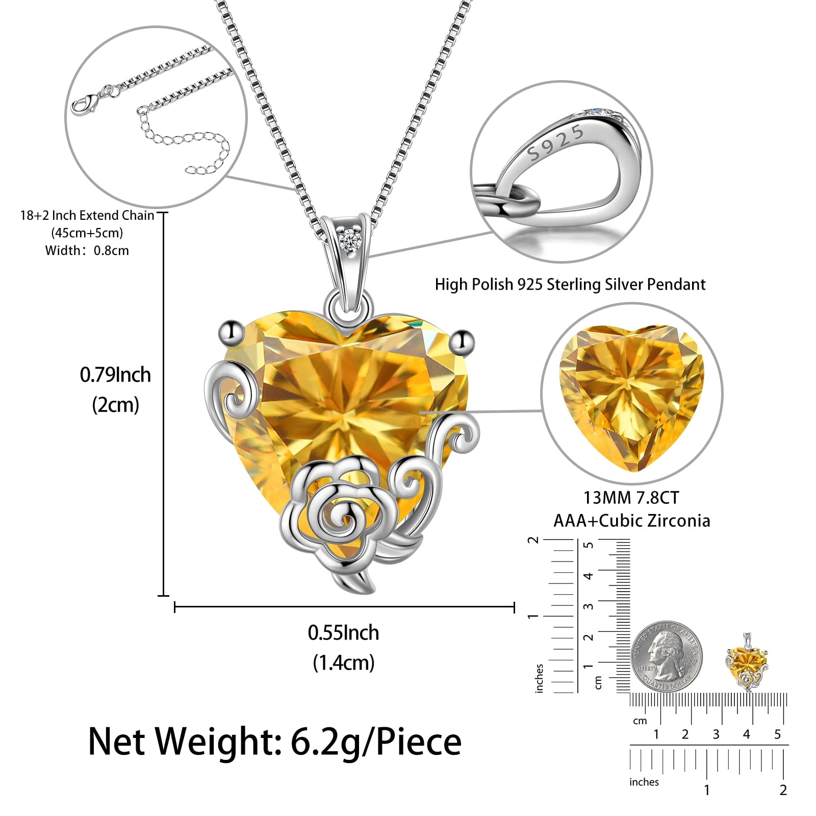 Women Heart Necklace November Birthstone Citrine Jewelry Yellow 925 Sterling Silver Rose Flower Pendant Christmas Birthday Gifts for Mother - Aurora Tears