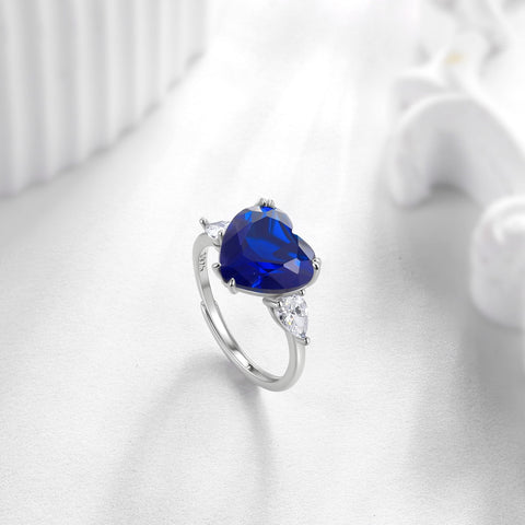 6Ct Women Heart Blue Sapphire Ring 925 Sterling Silver September Birthstone Band Jewelry Birthday Christmas Mother's Day Gift - Aurora Tears
