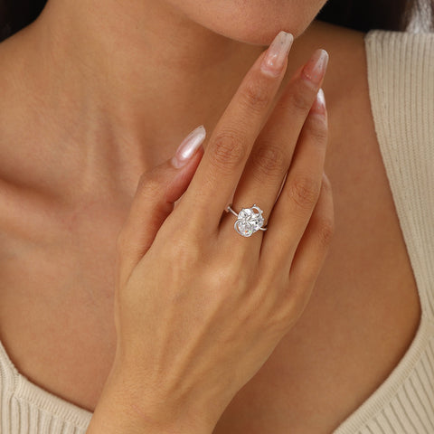 Women Heart Ring 925 Sterling Silver Cat Butterfly April Birthstone Diamond Crystal Solitaire Ring Bridal Jewelry Birthday Gift for Cat Lover - Aurora Tears