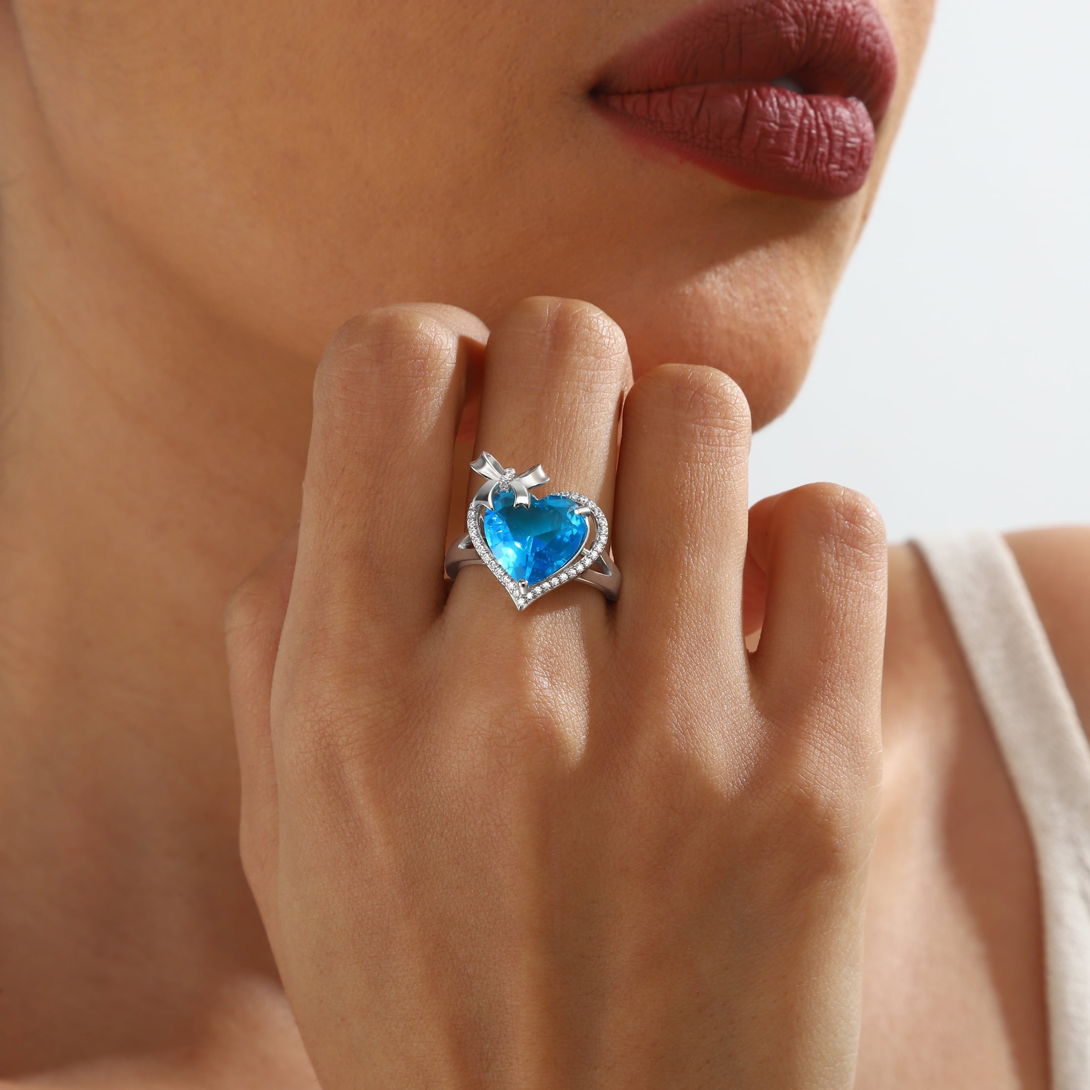 6Ct Heart Women Ring Bow Kont Ribbon 925 Sterling Silver March Birthstone Aquamarine Adjustable Ring Blue Solitaire Jewelry Wife Mother Valentines Gift - Aurora Tears