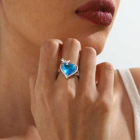 6Ct Heart Women Ring Bow Kont Ribbon 925 Sterling Silver March Birthstone Aquamarine Adjustable Ring Blue Solitaire Jewelry Wife Mother Valentines Gift - Aurora Tears