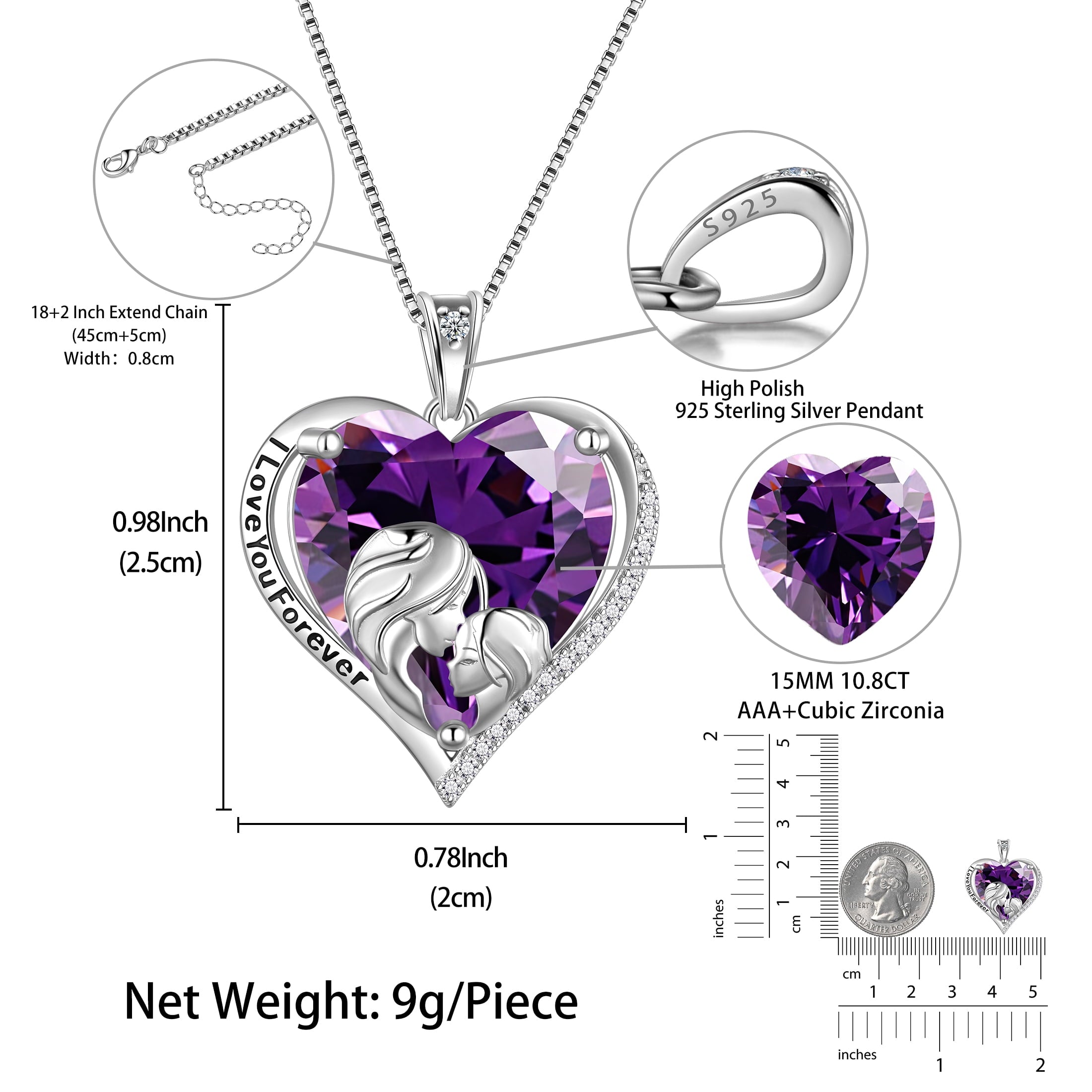 Women Heart Necklace for Daughter Sister 925 Sterling Silver Purple Amethyst Birthstone Pendant Jewelry February Birthday Christmas Mother's Day Gift - Aurora Tears