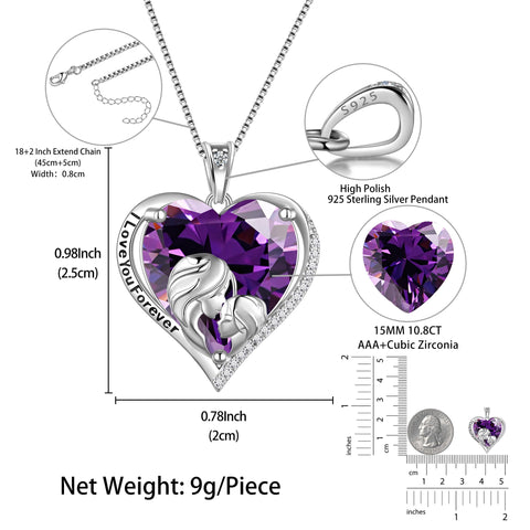 Women Heart Necklace for Daughter Sister 925 Sterling Silver Purple Amethyst Birthstone Pendant Jewelry February Birthday Christmas Mother's Day Gift - Aurora Tears