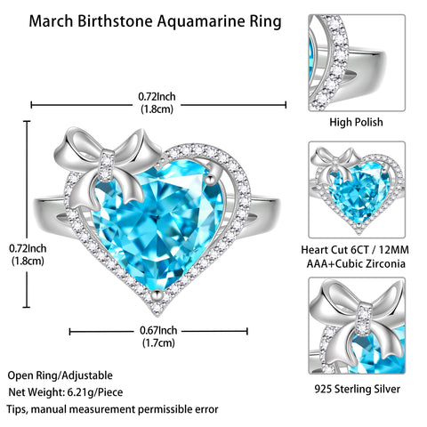 6Ct Heart Women Ring Bow Kont Ribbon 925 Sterling Silver March Birthstone Aquamarine Adjustable Ring Blue Solitaire Jewelry Wife Mother Valentines Gift - Aurora Tears