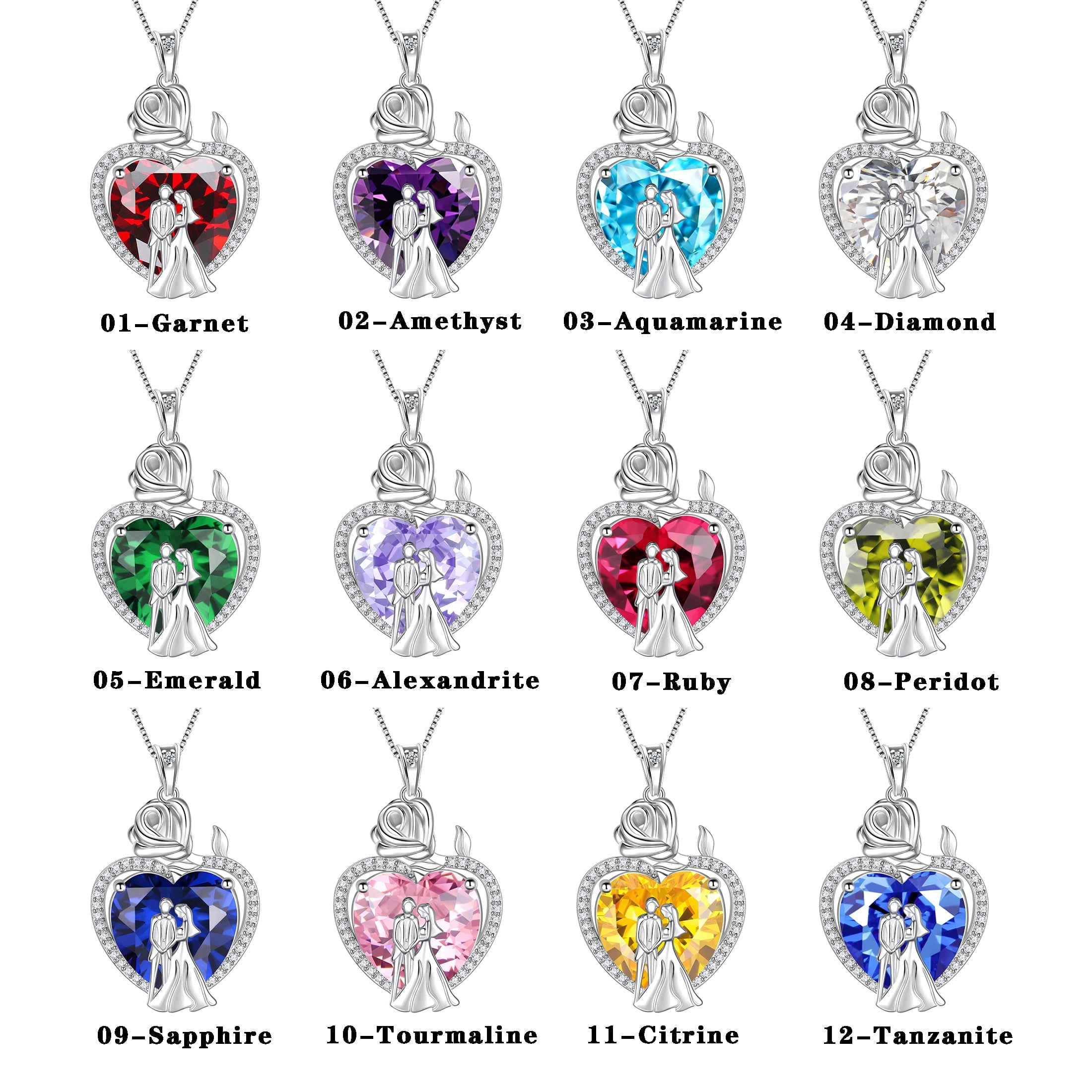 Couple Necklace for Women 925 Sterling Silver 15MM Heart October Birthstone Rose Flower Pendant Wedding Engagement Jewelry Valentine's Day Gift for Her Wife Bride - Aurora Tears