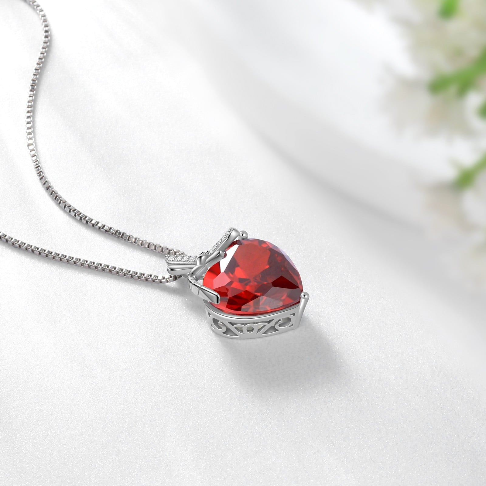 Dragonfly Necklace Heart January Birthstone Necklace Garnet CZ 925 Sterling Silver Pendant Red Jewelry Women Birthday Christmas Mother's Day Gifts - Aurora Tears