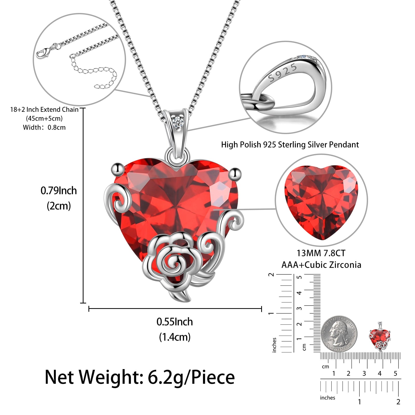 Women Heart Necklace January Birthstone Garnet Jewelry Red Flower Rose Pendant 925 Sterling Silver Mother Birthday Christmas Valentine's Day Gift - Aurora Tears