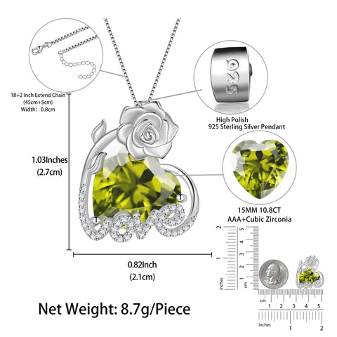 15MM Rose Heart Women Necklace August Birthstone 925 Sterling Silver Flower Love Pendant Green Peridot Jewelry Christmas Birthday Valentine Gift for Mom - Aurora Tears
