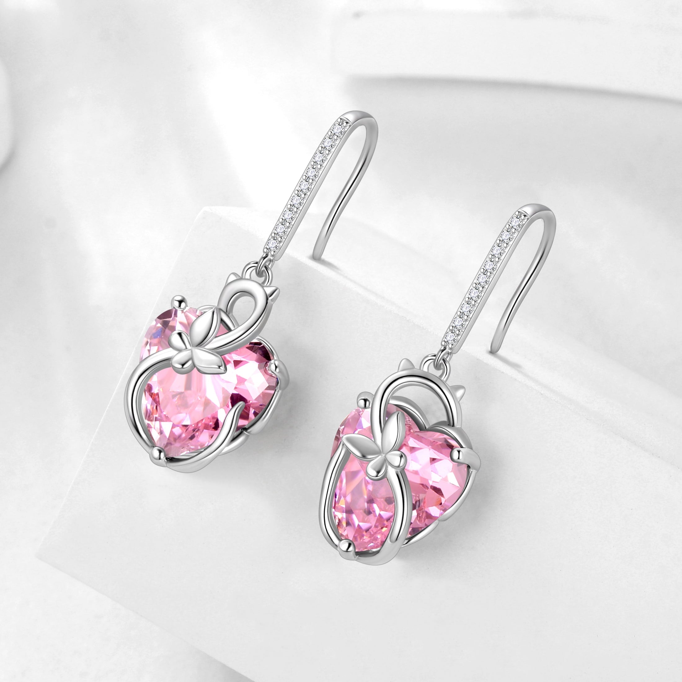 Cat Butterfly Earrings for Women 925 Sterling Silver Earrings Dangle Drop Hook Pink Heart Tourmaline October Birthstone Jewelry Mother Christmas Valentine's Day Gifts for Wife Girlfriend - Aurora Tears