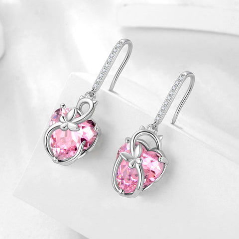 Cat Butterfly Earrings for Women 925 Sterling Silver Earrings Dangle Drop Hook Pink Heart Tourmaline October Birthstone Jewelry Mother Christmas Valentine's Day Gifts for Wife Girlfriend - Aurora Tears