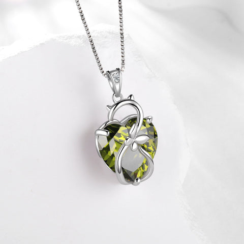 15MM Women Cat Necklace Heart August Birthstone 925 Sterling Silver Pendant Butterfly Green Peridot Jewelry Mom Christmas Birthday Gift - Aurora Tears