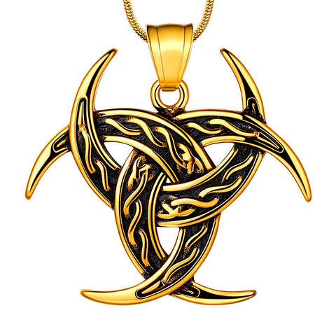 Celtic Knot Necklace Viking Pendant Triple Odin Horn Crescent Moon - Necklaces - Aurora Tears