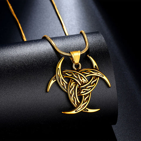 Celtic Knot Necklace Viking Pendant Triple Odin Horn Crescent Moon - Necklaces - Aurora Tears