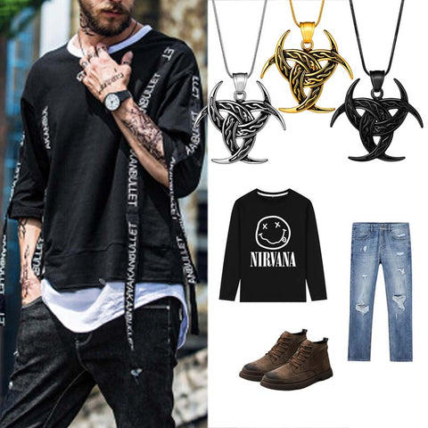 Collana da uomo con nodo celtico Gioielli con ciondolo vichingo Triplo corno di Odino Luna crescente