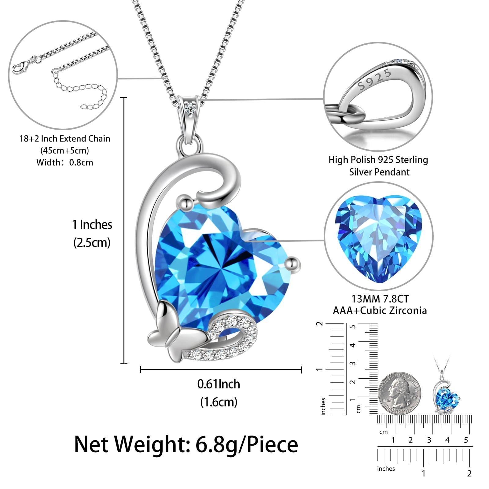 March Birthstone Necklace Butterfly Heart Pendant Blue Aquamarine Jewelry 925 Sterling Silver Women Mother Birthday Valentine's Day Gift - Aurora Tears