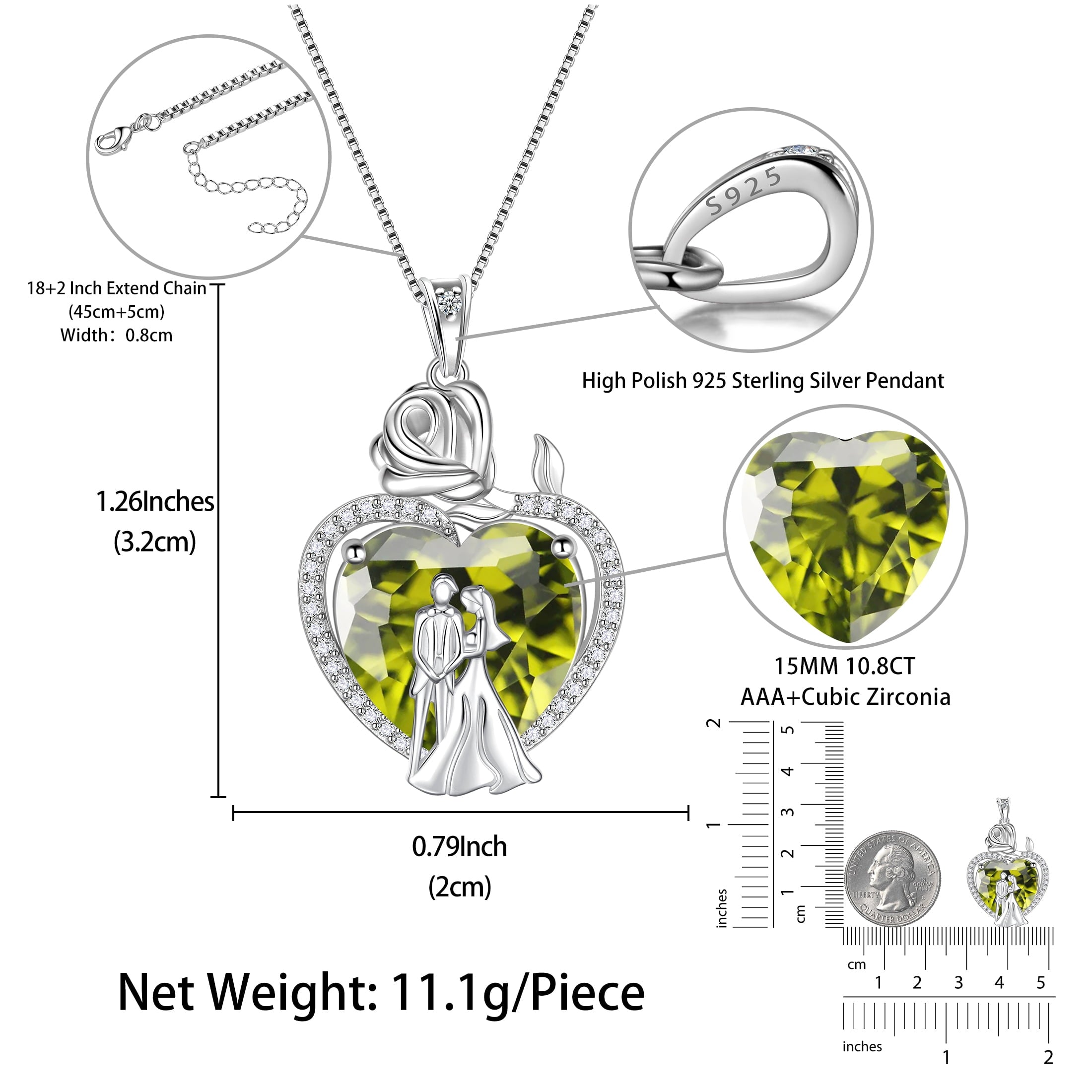 Couple Necklace for Women 925 Sterling Silver 15MM Heart August Birthstone Rose Flower Pendant Promise Engagement Jewelry Valentines Gift for Wife Girlfriend Her - Aurora Tears