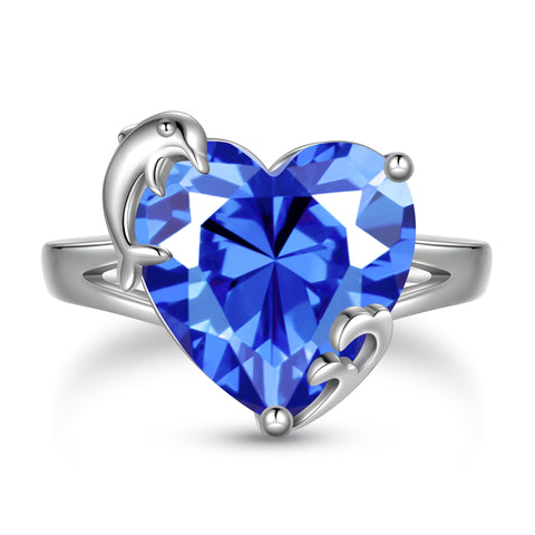 Women Heart Ring 925 Sterling Silver Dolphin Birthstone Solitaire Ring Jewelry Girls Gift