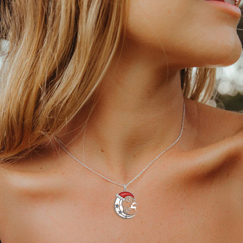 Collana natalizia da donna Cappello da Babbo Natale Crescent Moon Collana in argento sterling 925 con corna di renna e fiocco di neve Gioielli di Natale