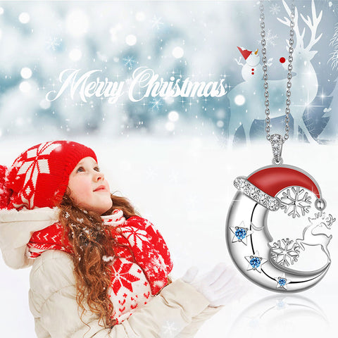 Collana natalizia da donna Cappello da Babbo Natale Crescent Moon Collana in argento sterling 925 con corna di renna e fiocco di neve Gioielli di Natale