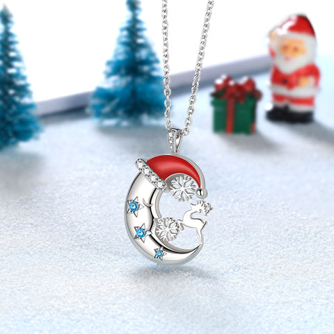 Collana natalizia da donna Cappello da Babbo Natale Crescent Moon Collana in argento sterling 925 con corna di renna e fiocco di neve Gioielli di Natale