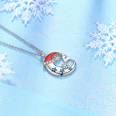 Collana natalizia da donna Cappello da Babbo Natale Crescent Moon Collana in argento sterling 925 con corna di renna e fiocco di neve Gioielli di Natale