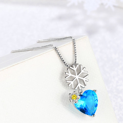 Collana Con Ciondolo A Cuore E Fiocco Di Neve – Argento 925 Con Cristallo Blu, Catena 40+5 Cm