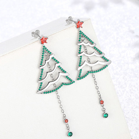 Weihnachtsbaum-Tropfen-Ohrringe, Schmuck, Damen- und Mädchen-Weihnachtsgeschenk, Sterlingsilber