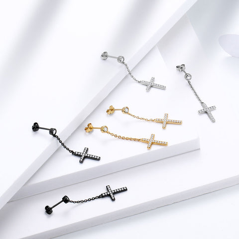 Pendientes colgantes de cruz pequeños clásicos para mujer y hombre, joyería de plata de ley