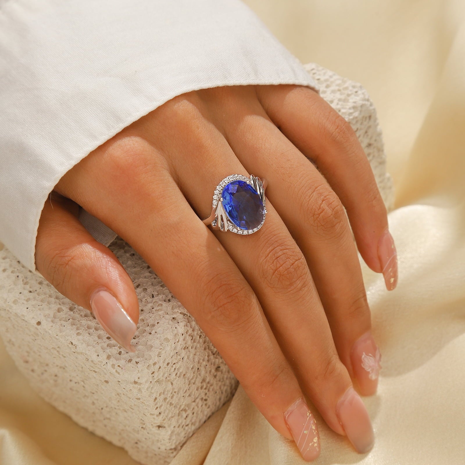 8Ct Oval Women Ring 925 Sterling Silver Halo Blue Tanzanite Ring December Birthstone Jewelry Mother Grandma Christmas Birthday Gift for Her - Aurora Tears