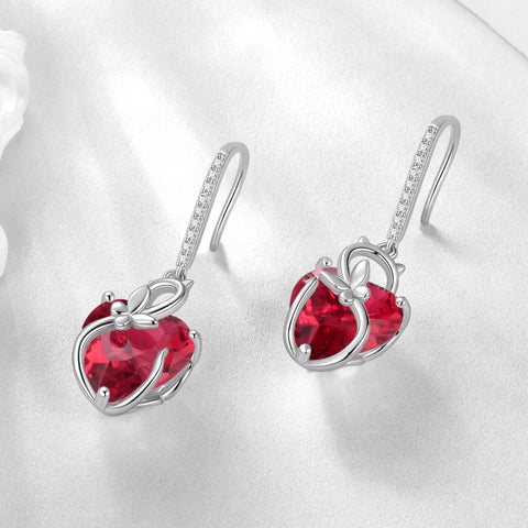 Cat Butterfly Earrings for Women 925 Sterling Silver Earrings Dangle Drop Hook Red Heart Ruby July Birthstone Jewelry Mother Christmas Birthday Valentine's Day Gifts for Wife Girlfriend - Aurora Tears