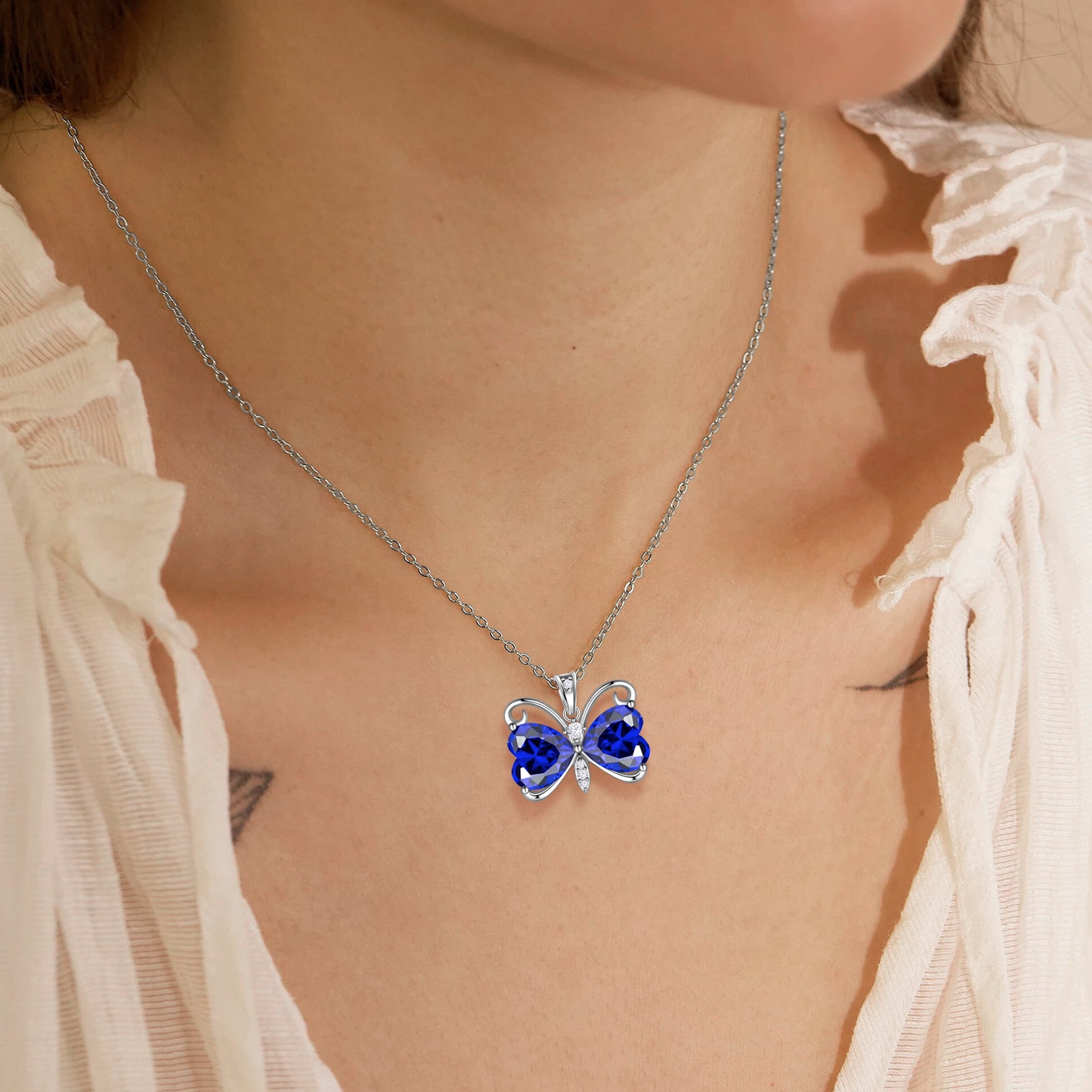 Women Blue Butterfly Necklace Heart September Birthstone Necklace Sapphire CZ Silver Plated Pendant Jewelry Birthday Mother's Day Gift for Her - Aurora Tears