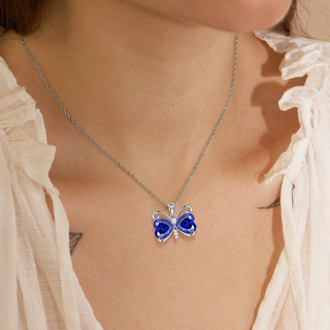 Women Blue Butterfly Necklace Heart September Birthstone Necklace Sapphire CZ Silver Plated Pendant Jewelry Birthday Mother's Day Gift for Her - Aurora Tears