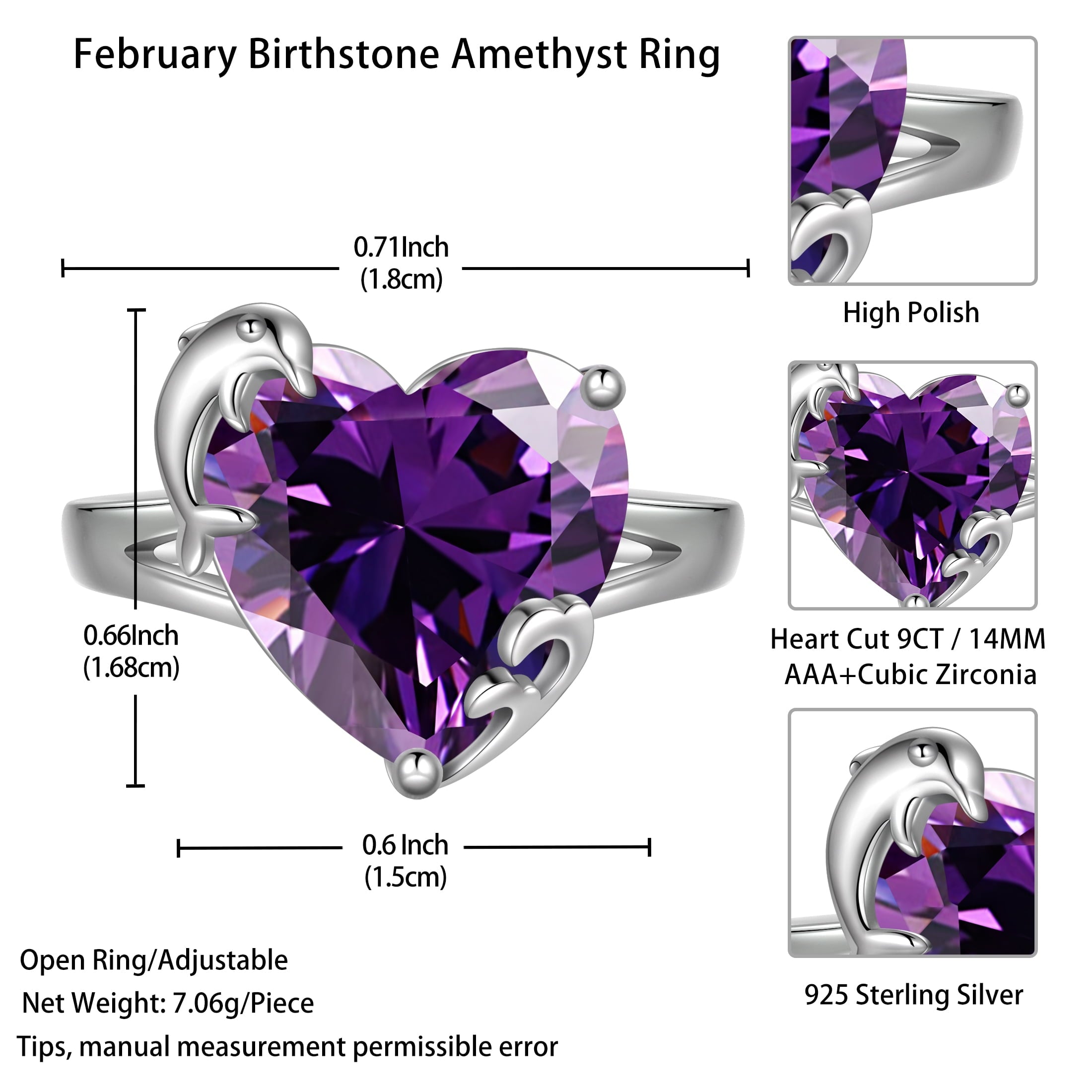 9Ct Women Heart Ring 925 Sterling Silver Dolphin February Birthstone Amethyst Purple Solitaire Ring Jewelry Girlfriend Valentine's Day Gift - Aurora Tears