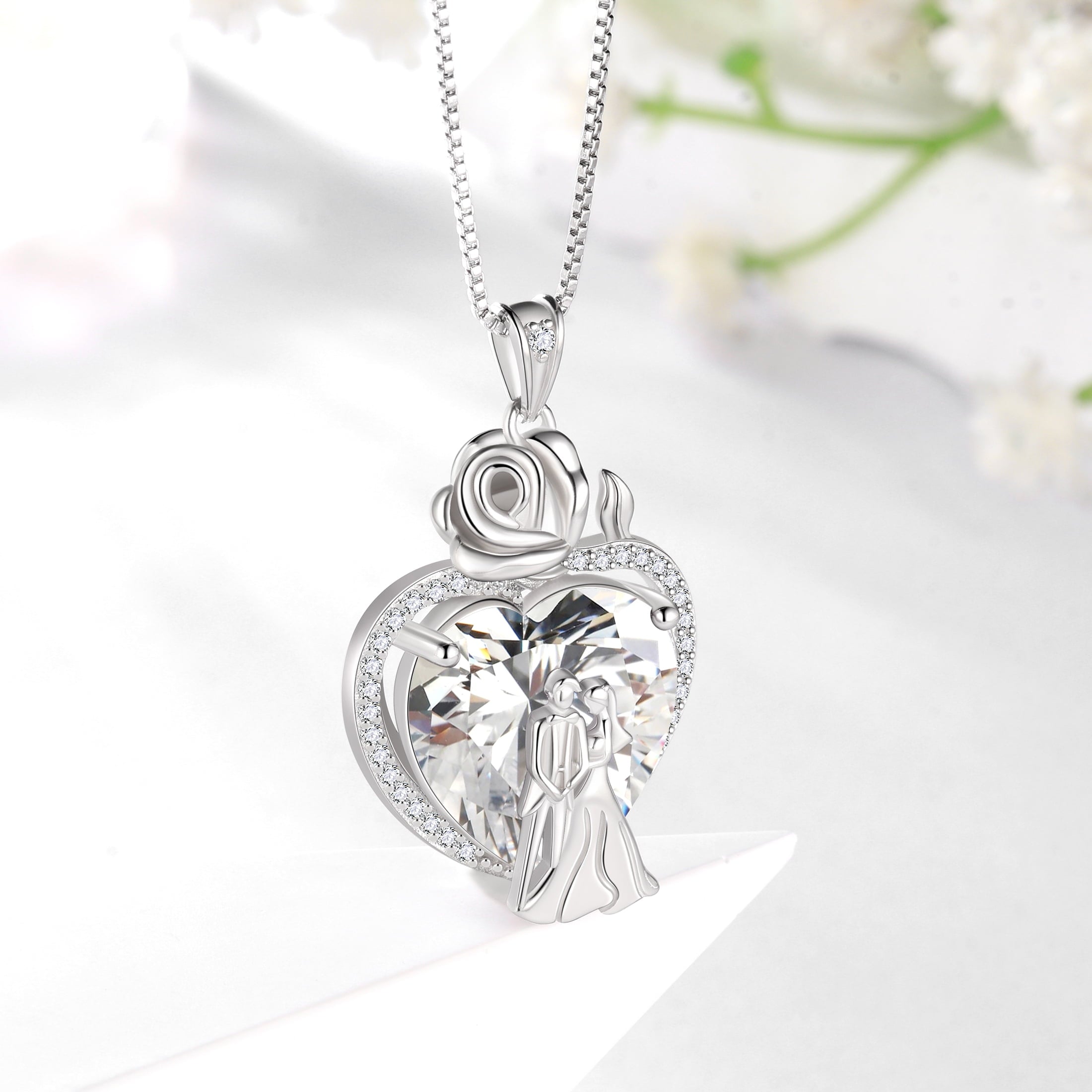 Couple Necklace for Women 925 Sterling Silver 15MM Heart April Birthstone Rose Flower Pendant Wedding Engagement Jewelry Valentine's Day Gifts for Her Wife Bride - Aurora Tears