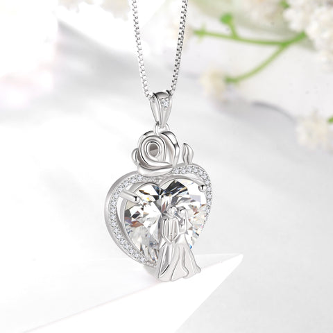 Couple Necklace for Women 925 Sterling Silver 15MM Heart April Birthstone Rose Flower Pendant Wedding Engagement Jewelry Valentine's Day Gifts for Her Wife Bride - Aurora Tears