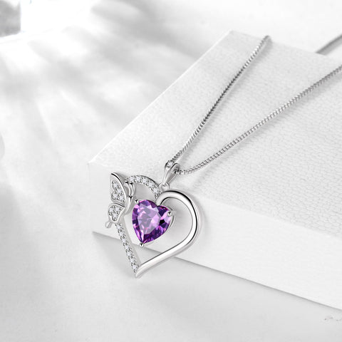 Women Purple Heart Necklace Butterfly February Birthstone Necklace Amethyst CZ 925 Sterling Silver Pendant Jewelry Birthday Valentine's Day Gift - Aurora Tears