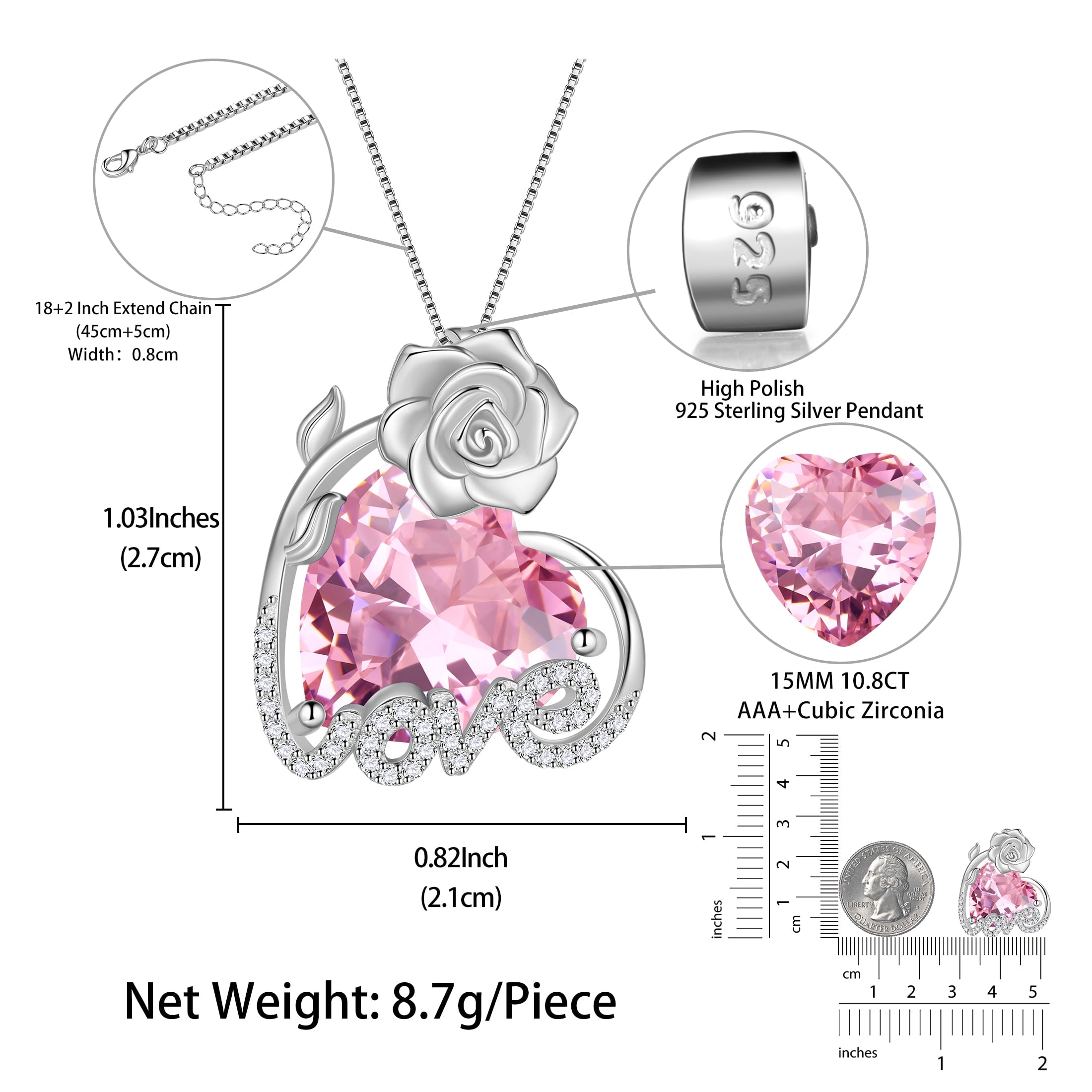 15MM Rose Heart Women Necklace October Birthstone 925 Sterling Silver Love Flower Pendant Pink Tourmaline Jewelry Mother Valentine's Day Gifts for Wife - Aurora Tears