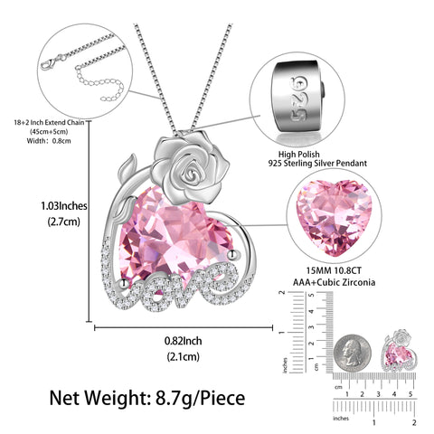 15MM Rose Heart Women Necklace October Birthstone 925 Sterling Silver Love Flower Pendant Pink Tourmaline Jewelry Mother Valentine's Day Gifts for Wife - Aurora Tears