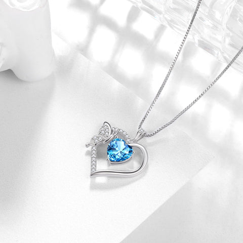 Women Blue Heart Necklace Butterfly March Birthstone Necklace Aquamarine 925 Sterling Silver Pendant Jewelry Christmas Birthday Mother's Day Gift - Aurora Tears