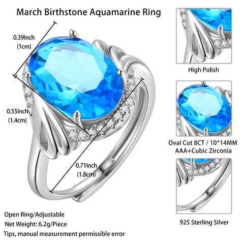 Women 8Ct Blue Aquamarine Ring 925 Sterling Silver Halo Oval March Birthstone Ring Jewelry Mom Birthday Christmas Mother's Day Gift - Aurora Tears